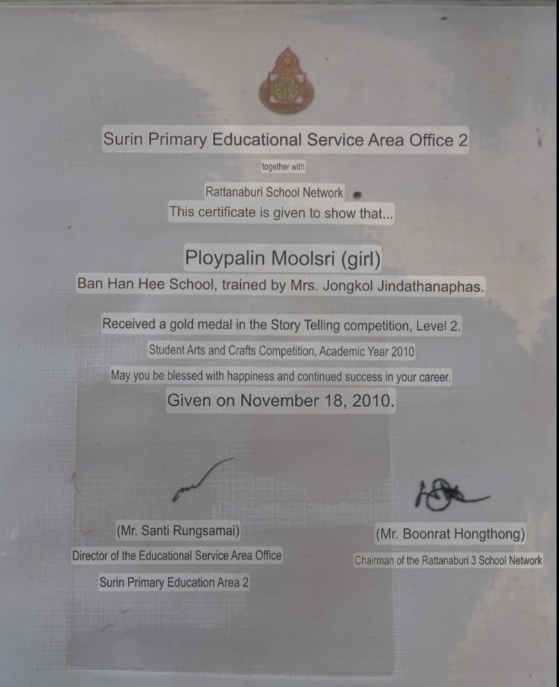 English translation of Ploy's Story Telling gold medal certificate